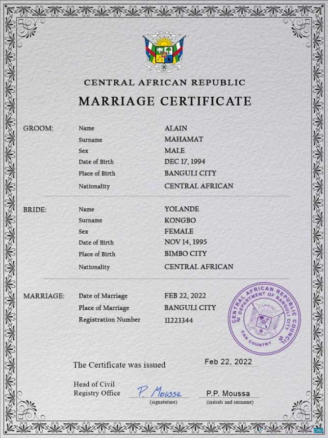 Download Central African Republic marriage certificate PSD template Photoshop template